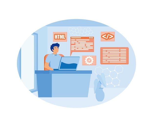 Vector software engineer concept web design and development programmer and coding website or app flat vector modern illustration