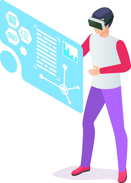 Vector software engineer using vr goggles interacting with data analysis displayed on a futuristic transparent screen representing innovative technology in software development and data visualization