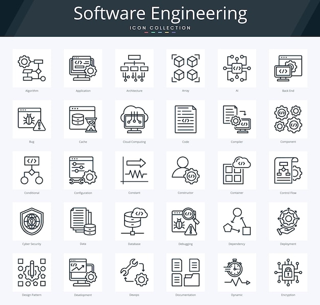 software engineering outline icon pack for devops and programming development