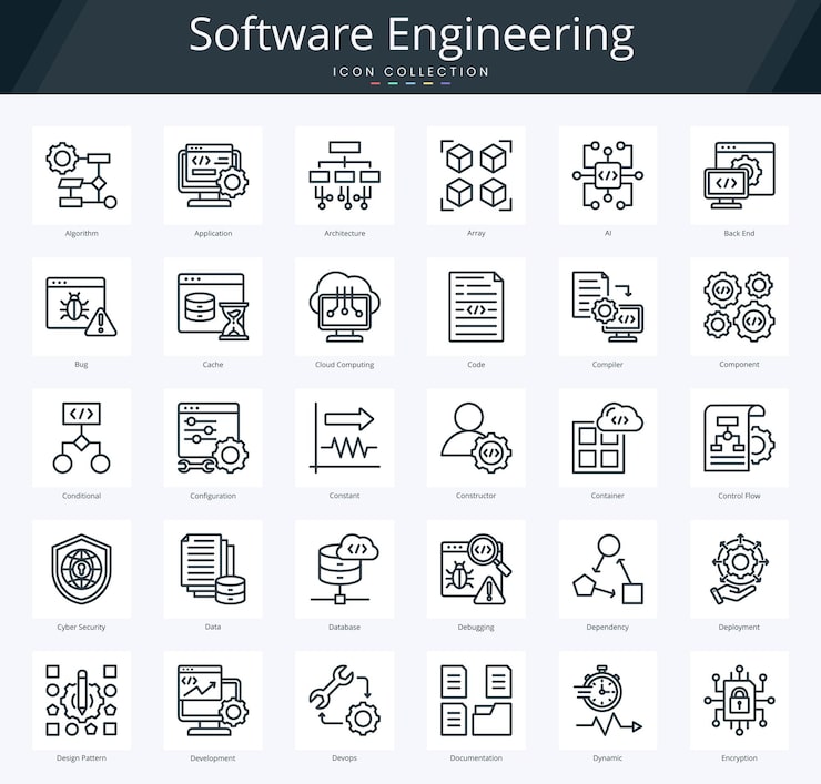 Software engineering outline icon pack for devops and programming development