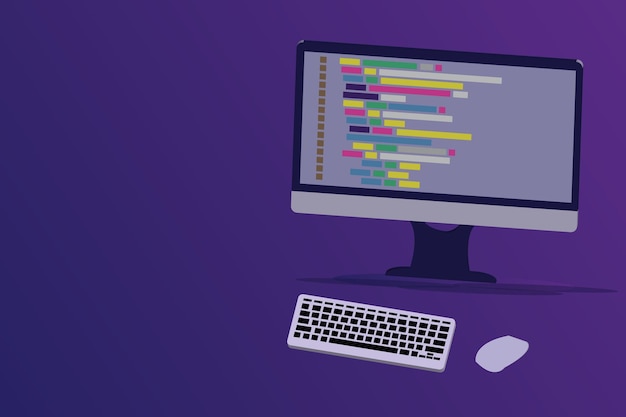 Vector software programming coding concept code with computer mornitor