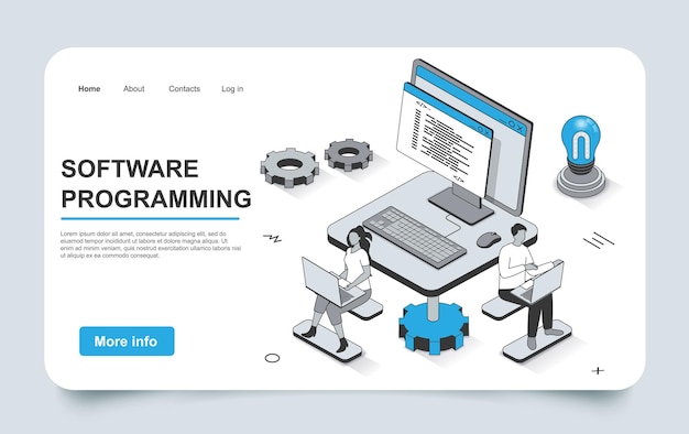 Vector software programming concept in 3d isometric landing page outline design development team programs