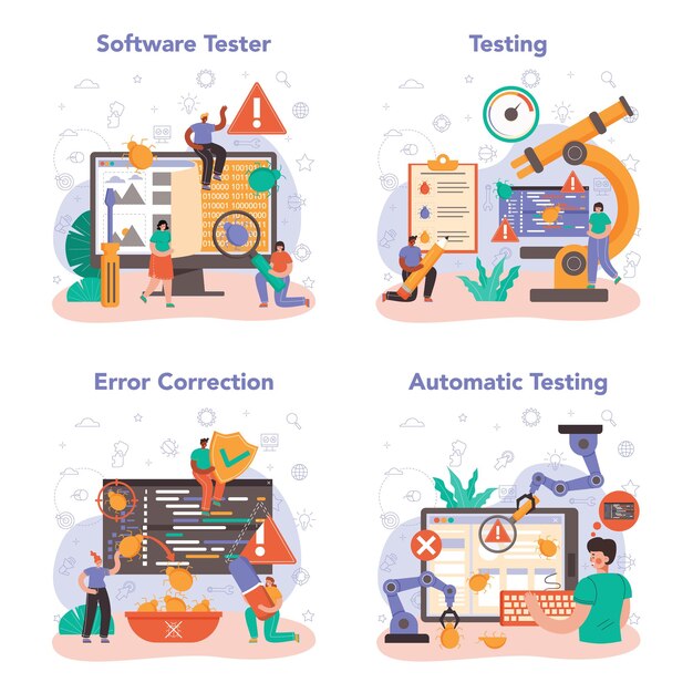 Vector software tester concept set. application or website code testing. software development and debugging. it specialist searching for bugs. idea of computer technology. isolated flat vector illustration