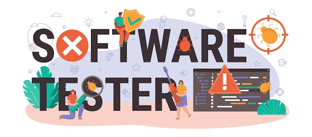 Vector software tester typographic header. application or website code testing. software development and debugging. it specialist searching for bugs. isolated flat vector illustration
