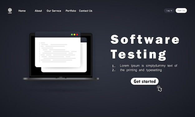 Vector software testing banner or development, programming, coding on laptop illustration.