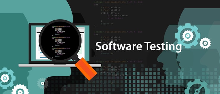 Software testing looking closer closeup to the source code script to find bug