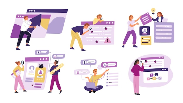 Vector software testing process people looking for mistakes and web bugs in applications and computer programs qa engineering programmers finding errors with magnifiers garish vector set