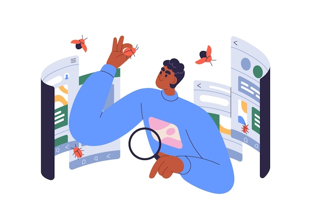 Vector software testing quality assurance concept program tester checking code for bugs debugging application qa engineer finding mistakes at work flat vector illustration isolated on white background