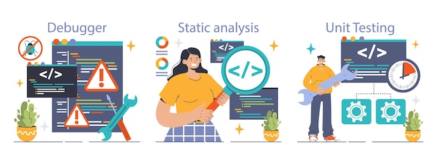 Vector software testing set code testing and debugging it specialist searching for bugs using functional