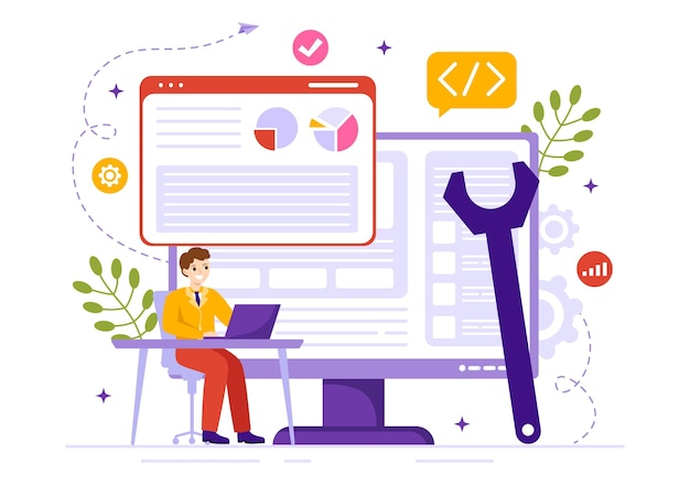 Vector software testing vector illustration with application programming and coding in hand drawn templates