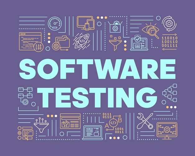 Vector software testing violet word concepts banner. examine computer system. detect problems. presentation, website. isolated lettering typography idea with linear icons. vector outline illustration