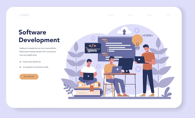 Vector software web banner or landing page. idea of programming and coding, system development. digital technology. software developing company writing code. 