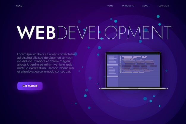 Vector software and web development landing page template. reslistic laptop with programming code, web app and desktop app development