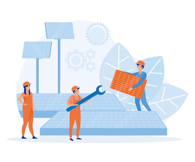 Vector solar energy panels system concept installing solar modules field service technicians