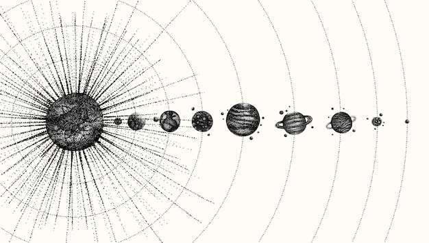 Vector solar system in dotwork style. planets in orbit. vintage hand drawn illustration.