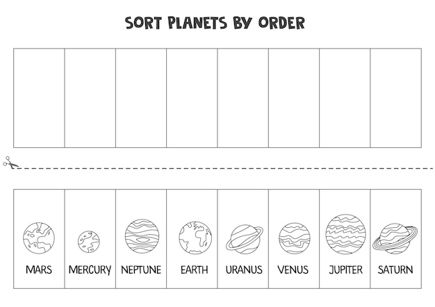 Vector sort solar system planets by order. space worksheet for children.