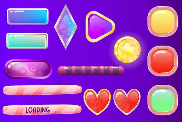 Vector space button set for web design 2d and game vector illustration element space kit button loading bar heart coin and crystal in the game set mobile play assets cartoon comic style