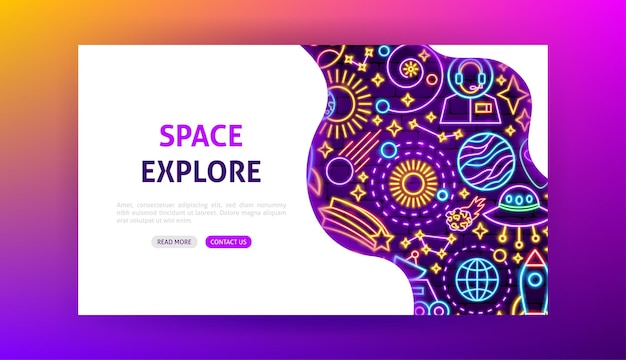 Vector space explore neon landing page. vector illustration of cosmic promotion.