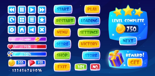 Vector space game menu buttons interactive icons that allow players to navigate through different options such as starting a game adjusting settings accessing the inventory and quitting vector set