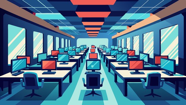 Vector a spacious and modern room filled with rows of computer workstations and monitors