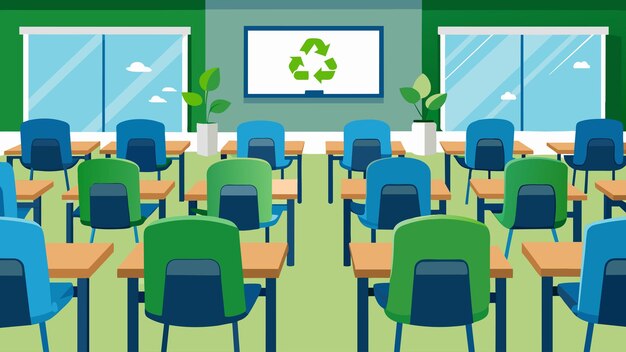 Vector a spacious training room equipped with ergonomic chairs made from recycled materials emphasizing the