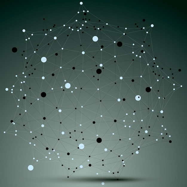 Vector spatial vector monochrome digital object, 3d technology figure with geometric elements and black wireframe.