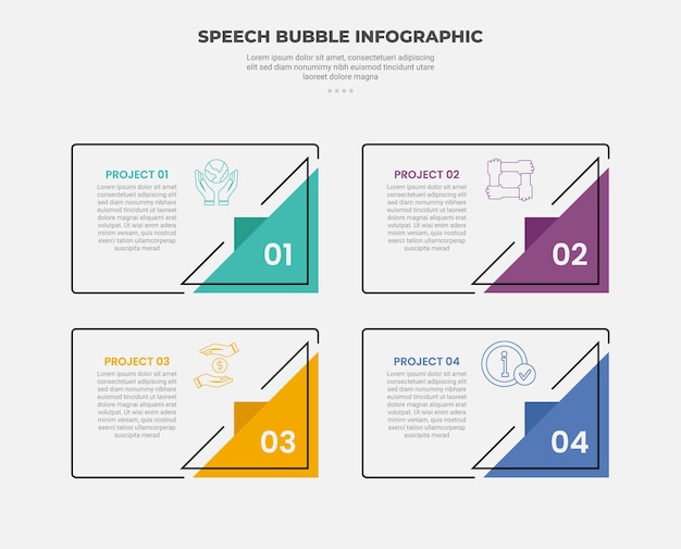 Vector speech bubble shape infographic outline style with 4 point template with creative box with triangle on bottom edge with quadrant structure for slide presentation