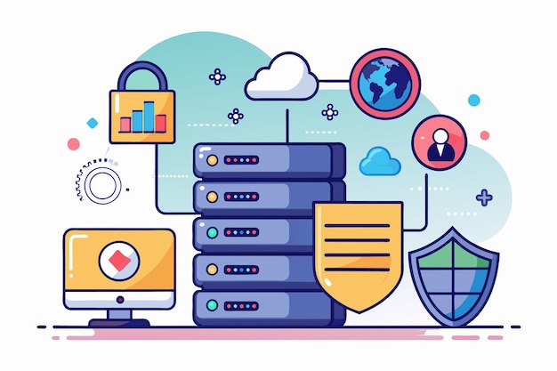 Vector a stack of data files secured with a padlock on top symbolizing data security in storage data security in storage web hosting simple and minimalist flat vector illustration