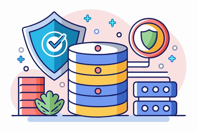 Vector a stack of data protected by a shield on top for database access security database access info security information protection secure storage simple and minimalist flat vector illustration