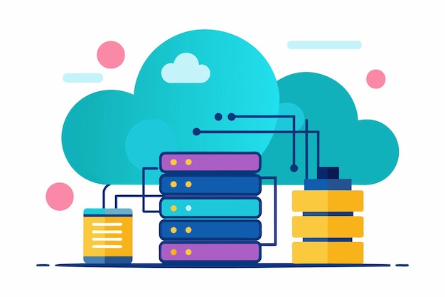 Vector a stack of yellow and purple containers placed next to a blue cloud in a simple and minimalist setting cloud storage problem simple and minimalist flat vector illustration