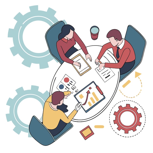 Vector staff meeting vector illustration resolving workers issues marketing and analytics