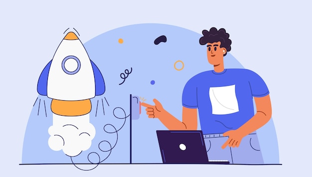Vector startup rocket launch modern flat concept young man push on button and launch rocket start of new project ambition and business goal vector illustration with people scene for web banner design