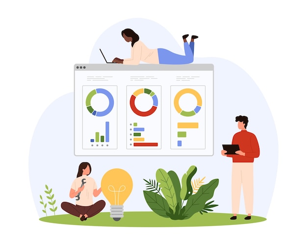 Vector statistics analysis of marketing data and pie charts tiny people work with digital graph