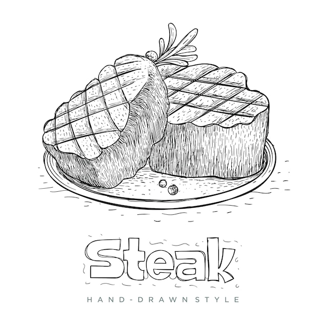 Vector steak on ready plate in hand drawn