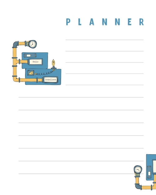 Vector steampunk empty planner blank for notes and reminders with steampunk elements hand drawn