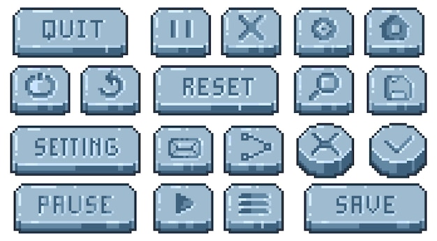 Vector stone pixel buttons old school video game interface elements 8 bit retro app navigation panel vector square ui game elements isolated collection