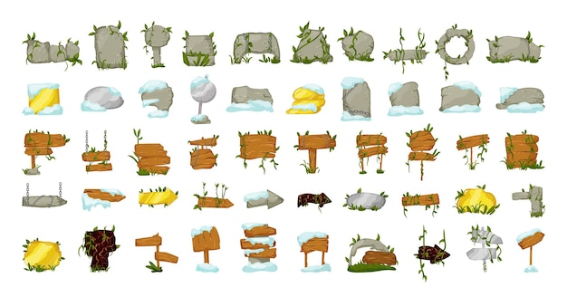 Vector stone and wooden signs and banners for the game interface