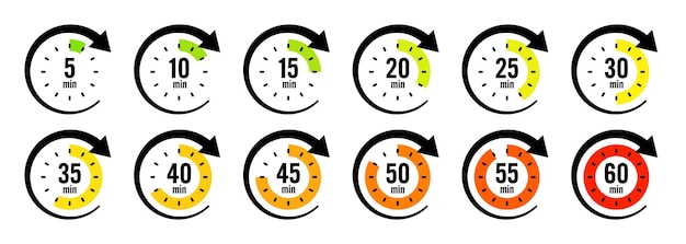 Vector stopwatch icons with pointer arrow colorful chronometer time counter with dial countdown time hours