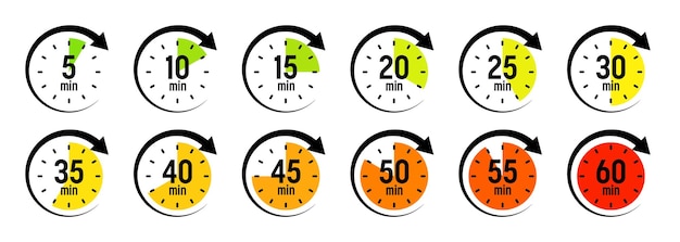 Vector stopwatch icons with pointer arrow colorful chronometer time counter with dial countdown time hours