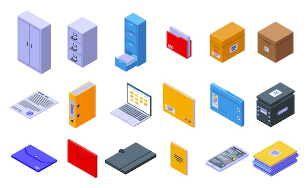 Vector storage of documents icons set, isometric style