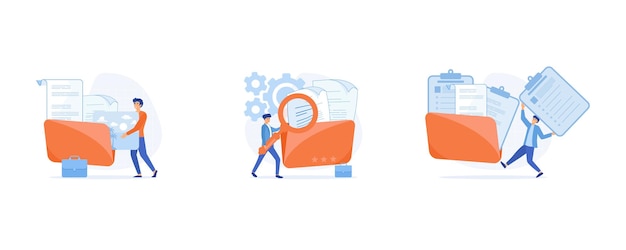 Vector storage and indexing of information concept, workers searching file, adds file to big folder, set flat vector modern illustration