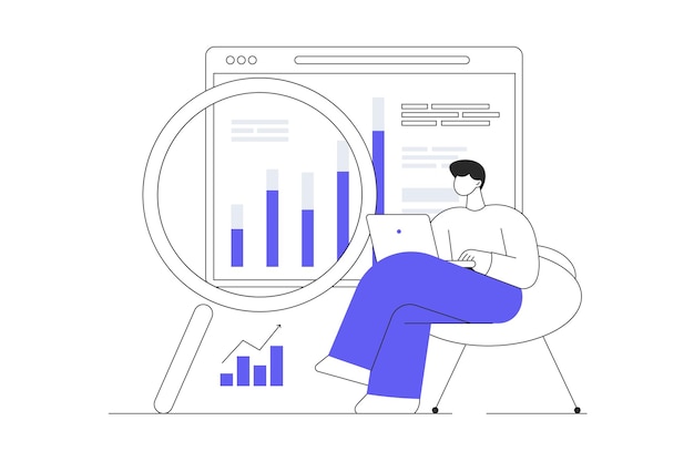 Vector strategic planning man analyzes business processes creates new solutions success develops startup