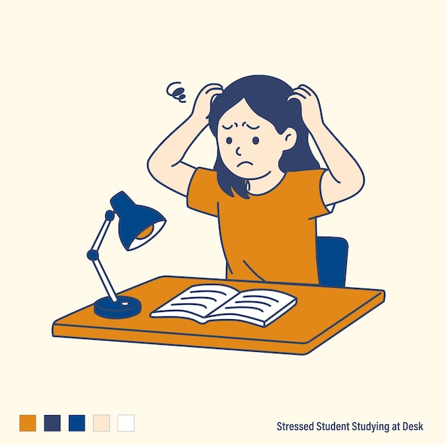 Vector stressed student studying at desk vector illustration