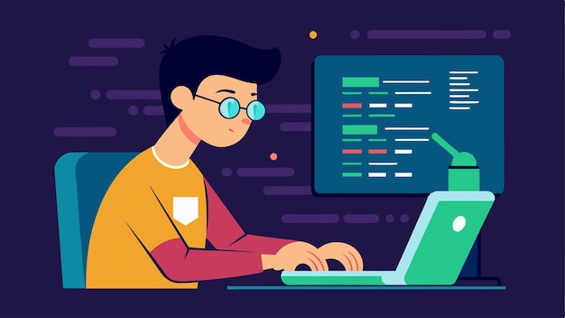 Vector a student carefully inputting lines of code into a machine their eyes fixed on the screen as they