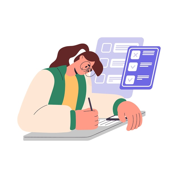 Vector student cheating at academic exam. girl cheater sneaking at mobile phone answering test.