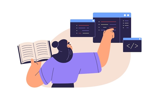 Vector student coding programming studying software engineering computer language information technology programmers and coders education concept flat vector illustration isolated on white background