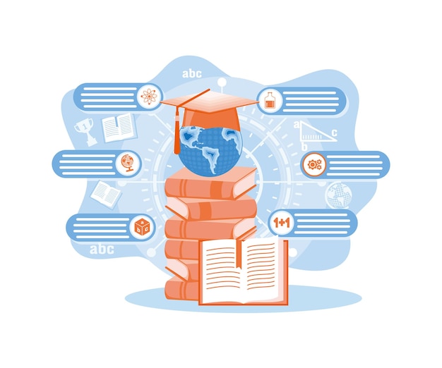 Vector student learning process stack of textbooks graduation hat study at university