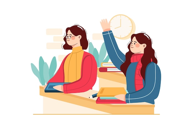 Vector student raising his hand to ask a question during a class at the lecture hall