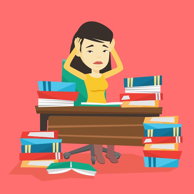Vector student sitting at the table with piles of books.