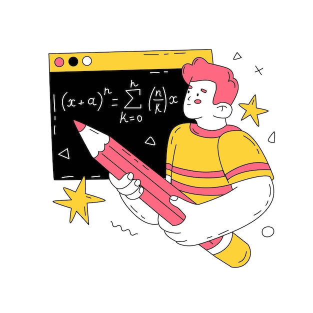 Vector a student solves a math problem at the blackboard in the classroom formulas geometry trigonometry school education a boy with a big pencil in his hands vector illustration isolated